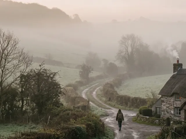 Caminho entre colinas na névoa