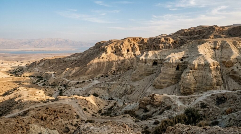 Penhascos e cavernas de Qumran, perto do Mar Morto, região onde foi encontrado o manuscrito 11Q11 com o Salmo 91