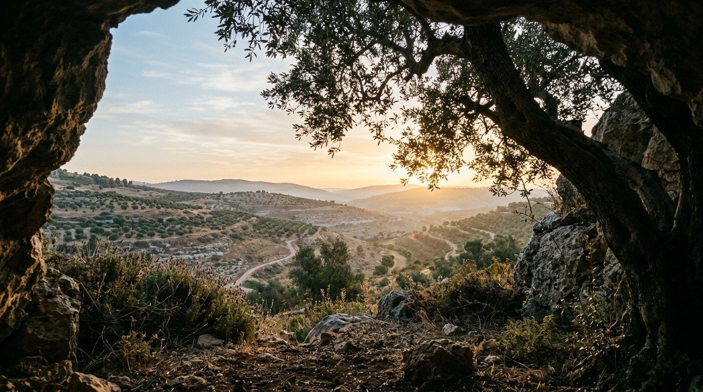 Salmo 91: vale da Judeia ao amanhecer, visto do abrigo entre pedras e uma oliveira