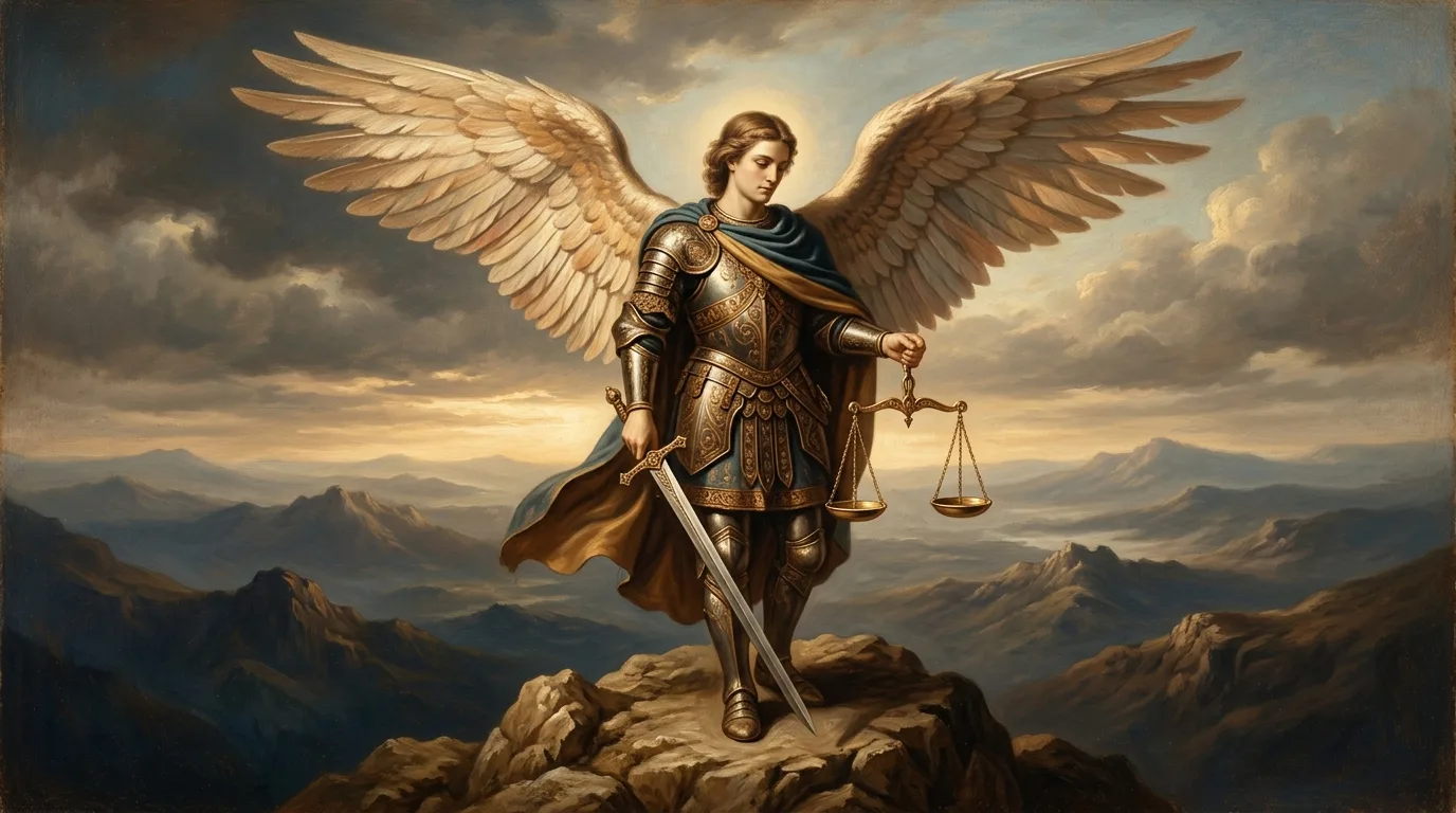 Arcanjo Miguel com espada e balança no alto de uma montanha, em pintura clássica