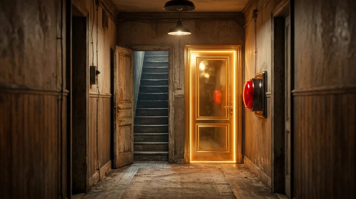Corredor com duas portas: uma de madeira com uma longa escada e outra dourada com um botão vermelho