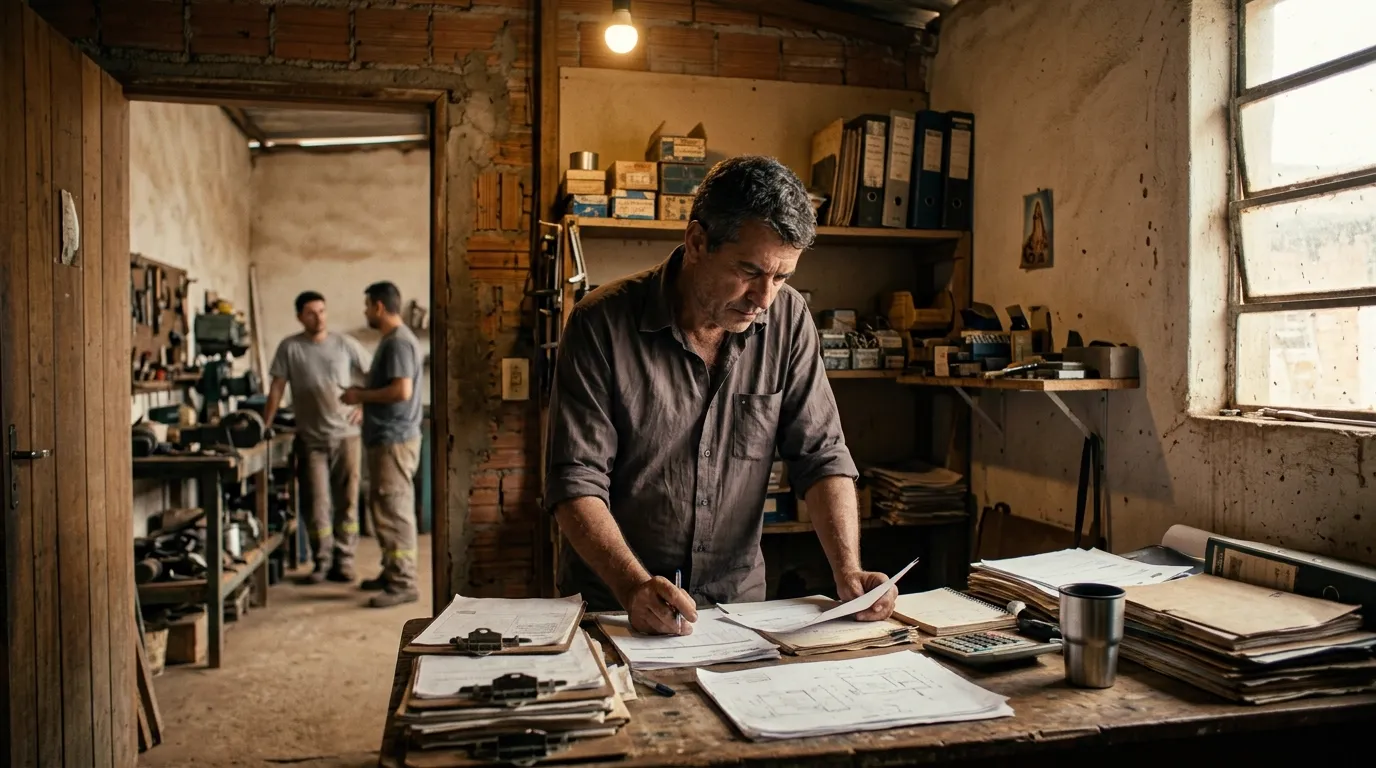Empresário revisando papéis na pequena oficina que construiu ao longo dos anos