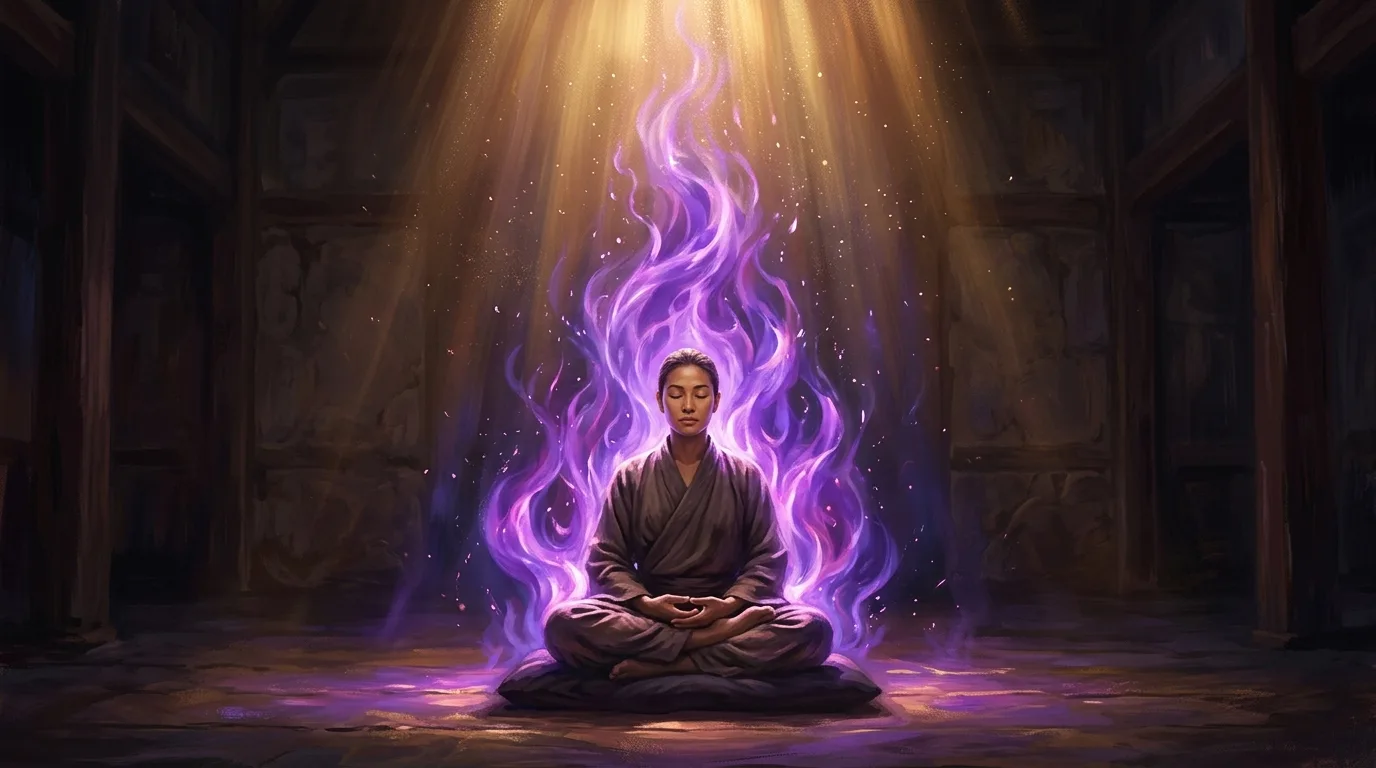 Pessoa em meditação envolvida por uma coluna de Chama Violeta, prática de transmutação espiritual
