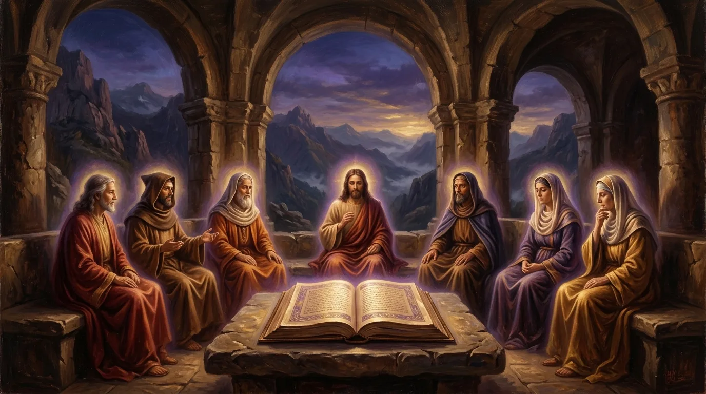 Sete figuras espirituais sentadas em semicírculo diante de um livro aberto, representação do Conselho Cármico