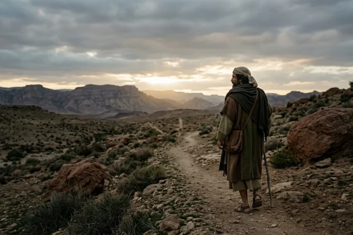 Homem caminhando sozinho por uma trilha em paisagem rochosa ao entardecer