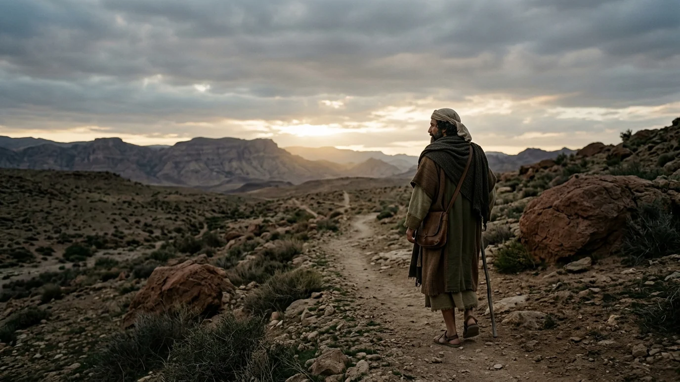Homem caminhando sozinho por uma trilha em paisagem rochosa ao entardecer