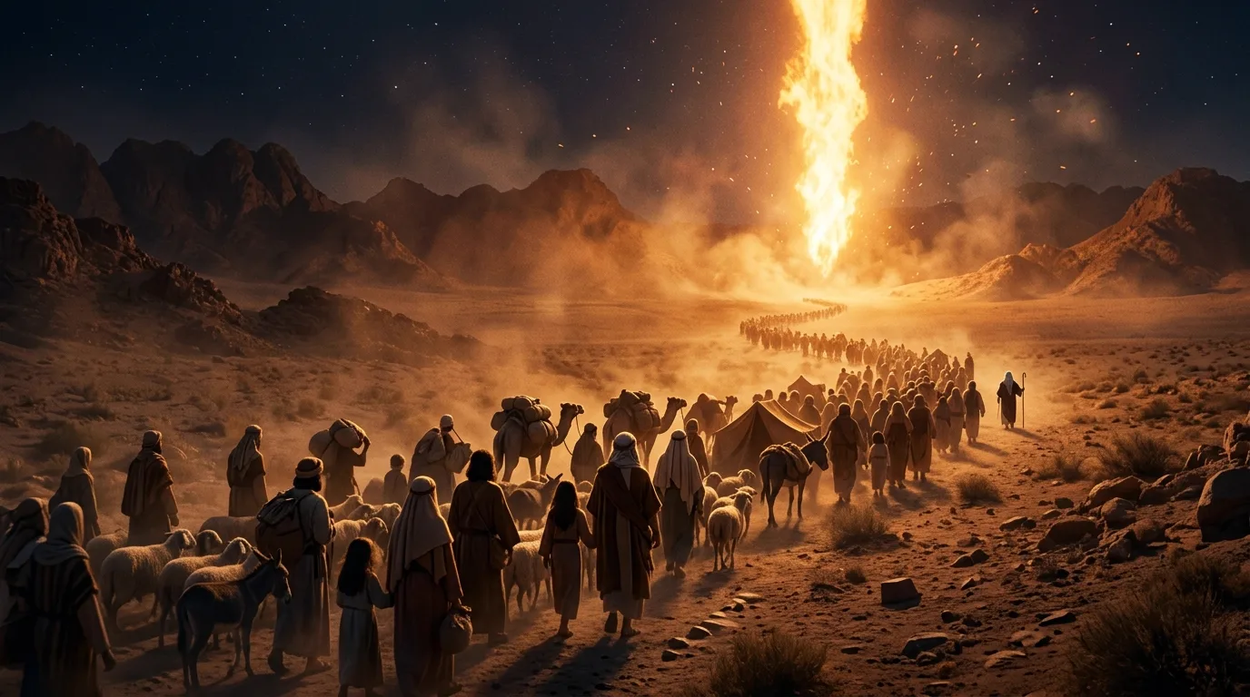 Caravana do povo de Israel guiada por uma coluna de fogo no deserto à noite