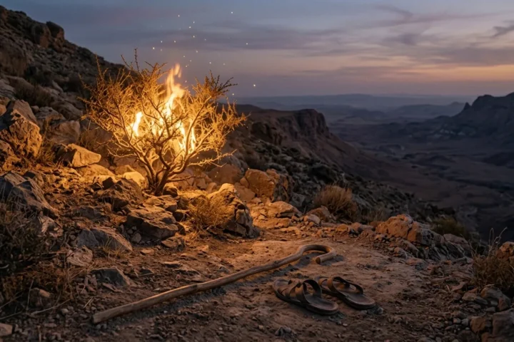 Arbusto no deserto envolto em fogo dourado ao entardecer, com um cajado e sandálias no chão