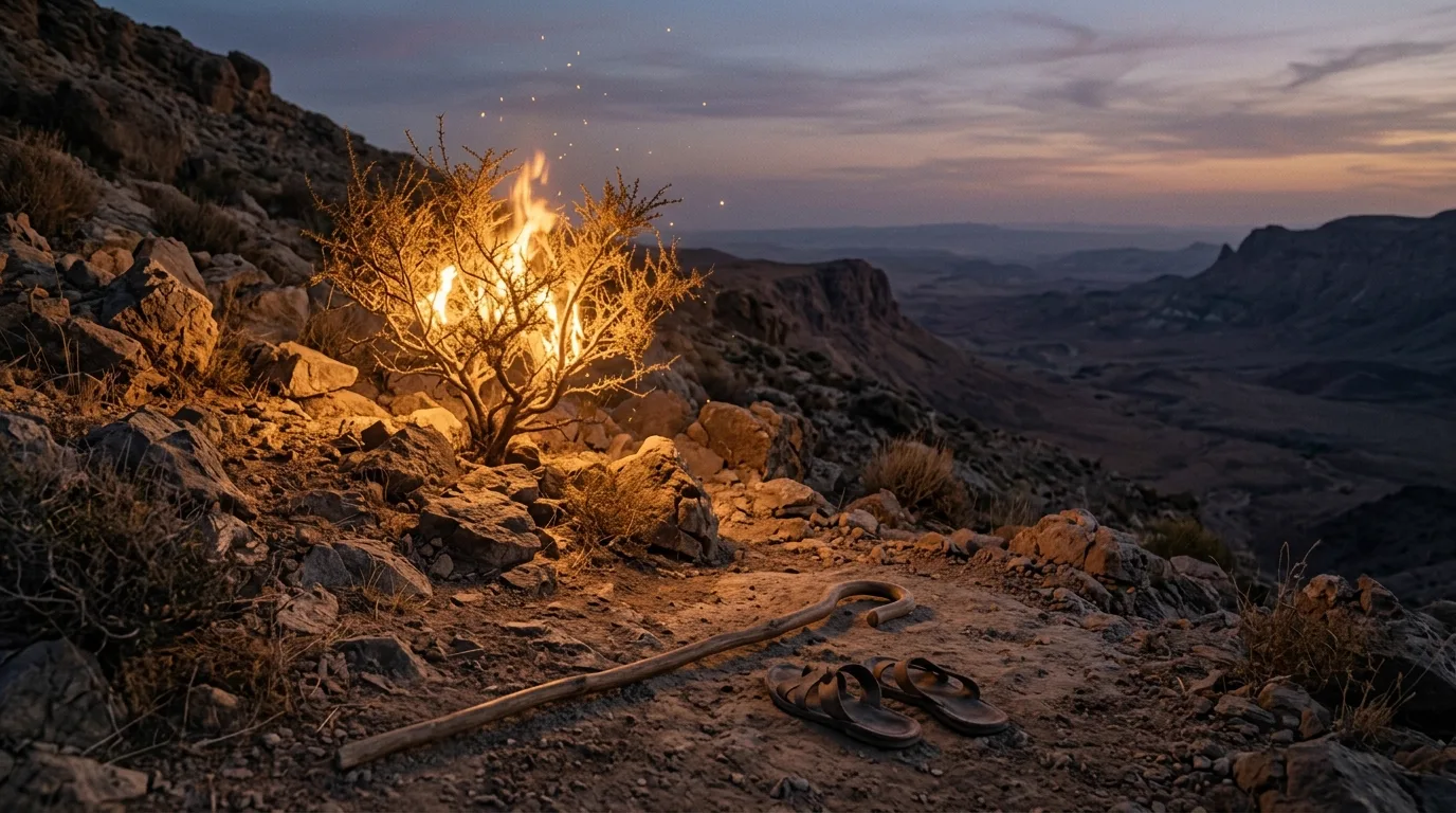 Arbusto no deserto envolto em fogo dourado ao entardecer, com um cajado e sandálias no chão