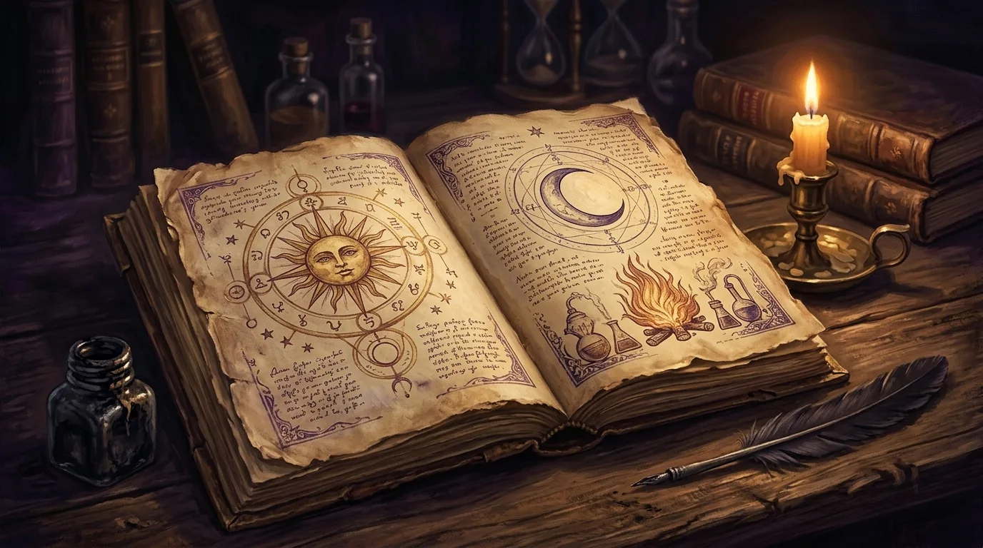 Manuscrito alquímico antigo com símbolos do sol, da lua e do fogo, ligado à fama de alquimista de Saint Germain