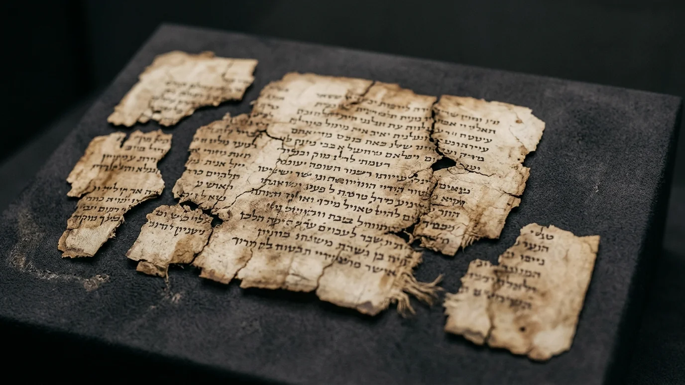 Fragmentos de manuscrito antigo em hebraico expostos sobre um fundo escuro