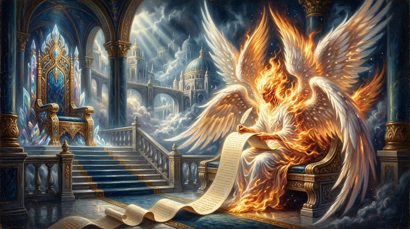 Metatron, o escriba celestial de fogo com muitas asas, escrevendo num pergaminho junto ao trono