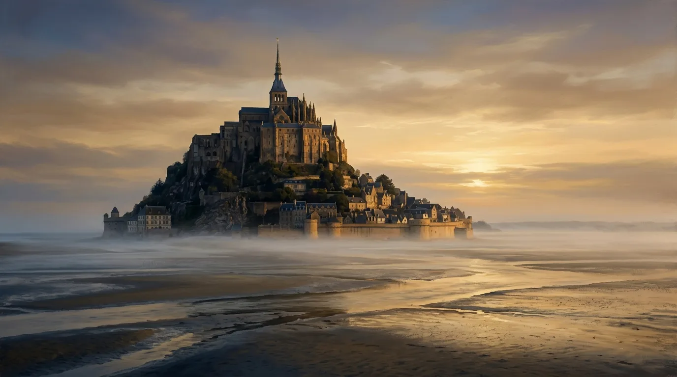 Mont-Saint-Michel ao amanhecer, santuário dedicado ao Arcanjo Miguel na França