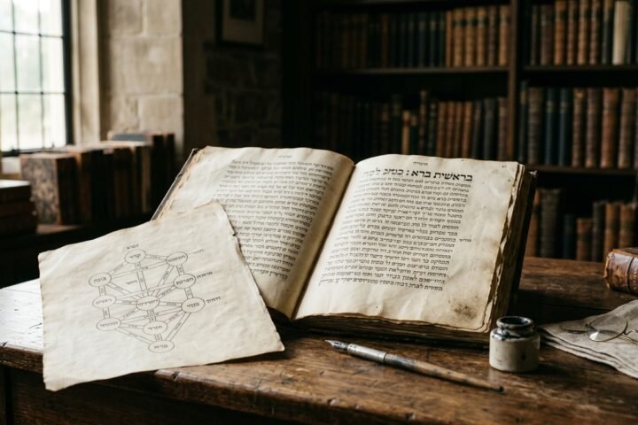 Livro antigo de Cabala aberto com a Árvore da Vida sobre a mesa