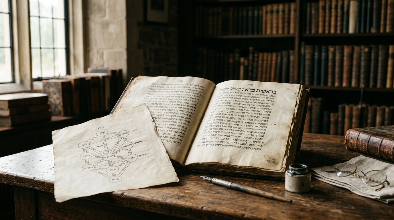 Livro antigo de Cabala aberto com a Árvore da Vida sobre a mesa