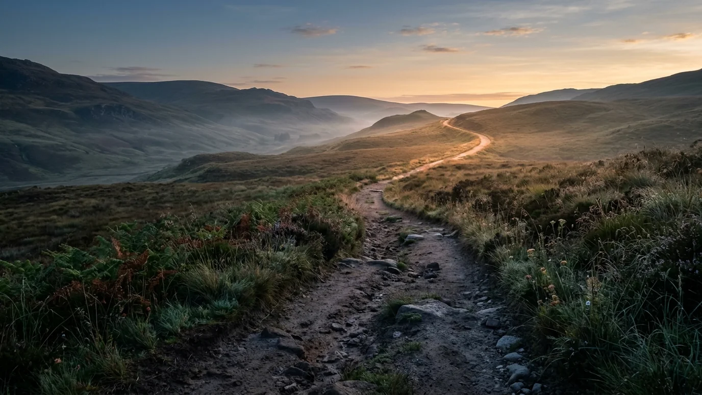 Caminho de terra entre colinas ao amanhecer, seguindo em direção à luz