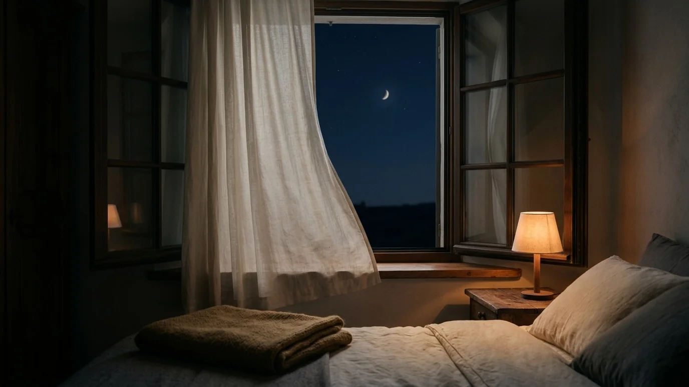 Quarto à noite com cortina leve na janela, lua crescente e abajur aceso
