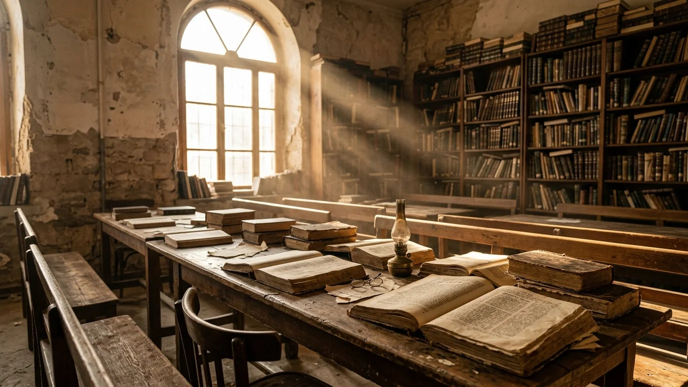 Sala de estudo judaica antiga com livros abertos sobre a mesa, lugar onde se estuda o Pirkei Avot