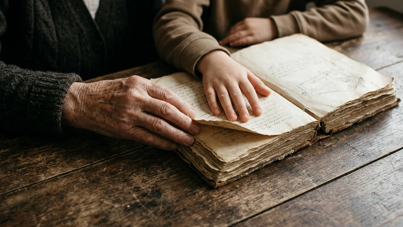 Mãos de um idoso e de uma criança sobre um livro antigo, imagem da transmissão do Pirkei Avot entre gerações