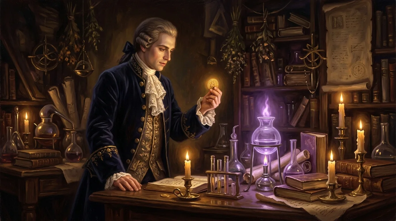 Saint Germain, nobre do século XVIII com uma moeda de ouro num laboratório de alquimia com chama violeta