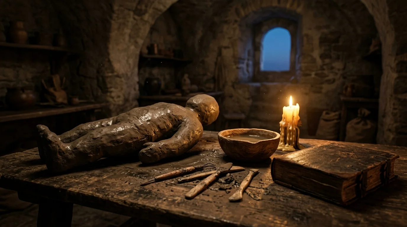 Figura humana de barro inacabada sobre uma mesa de madeira, à luz de uma vela, representando o golem