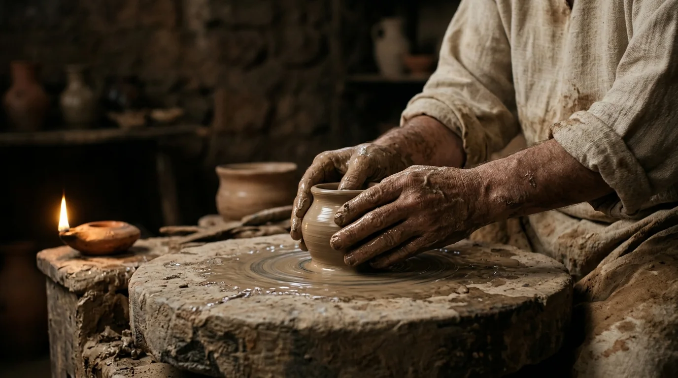 Mãos de um oleiro dando forma ao barro à luz de uma lamparina, imagem do Sefer Yetzirah, o Livro da Formação
