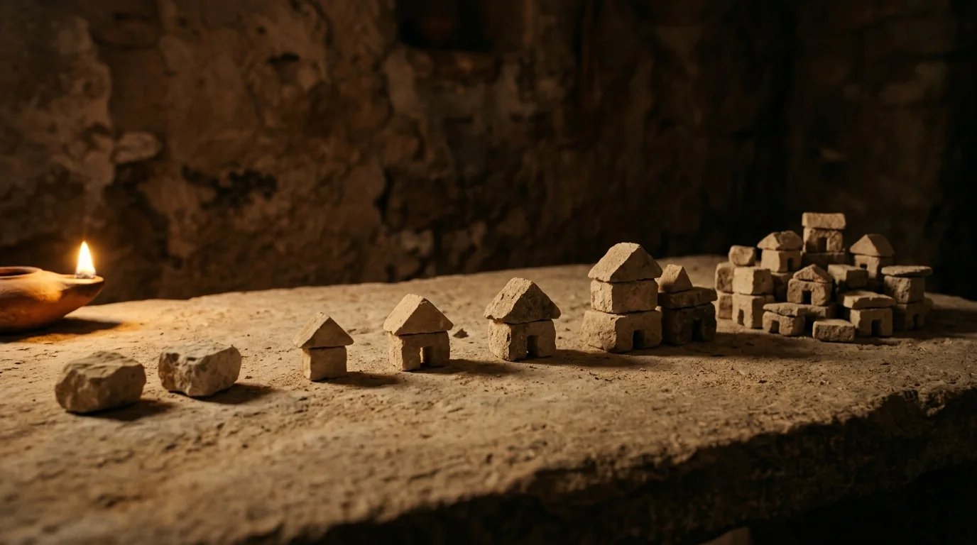 Pedras soltas e pequenas casas de pedra em fila sobre uma mesa antiga, ilustrando as pedras e casas do Sefer Yetzirah
