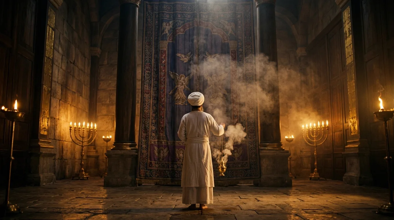 Sumo sacerdote de linho branco diante do véu do Templo, entre a fumaça do incenso